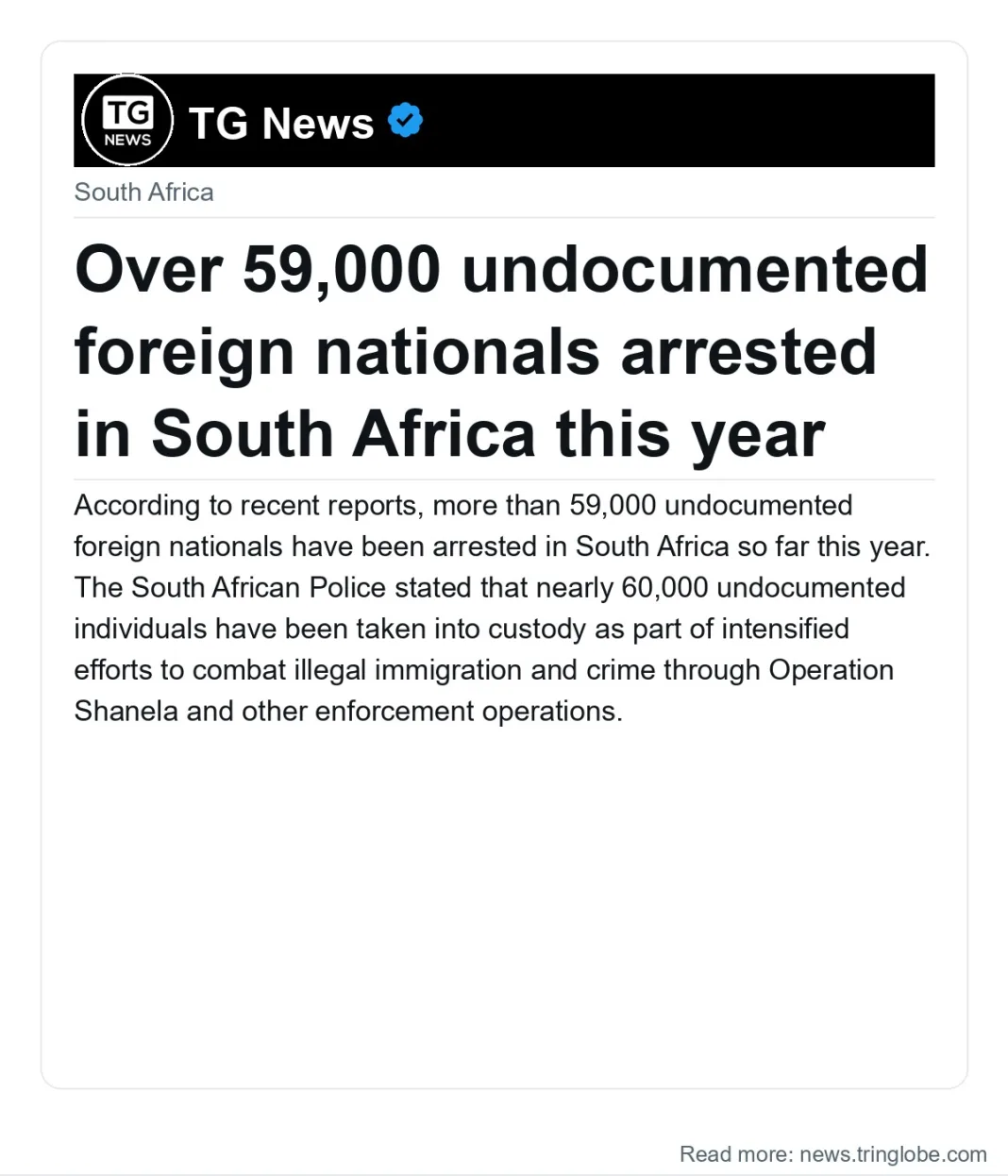 Over 59,000 undocumented foreign nationals arrested in South Africa this year