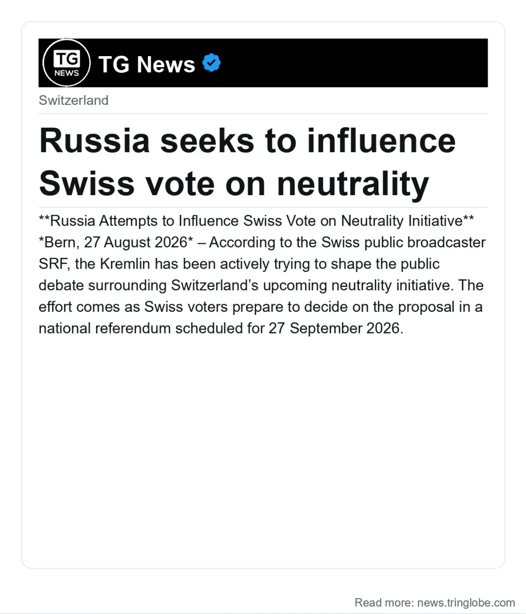 Russia seeks to influence Swiss vote on neutrality