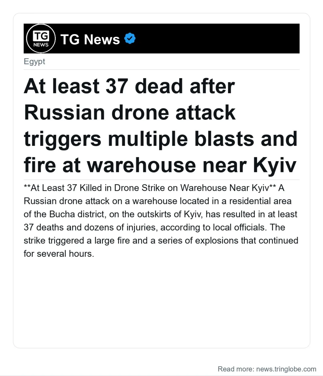 At least 37 dead after Russian drone attack triggers multiple blasts and fire at warehouse near Kyiv