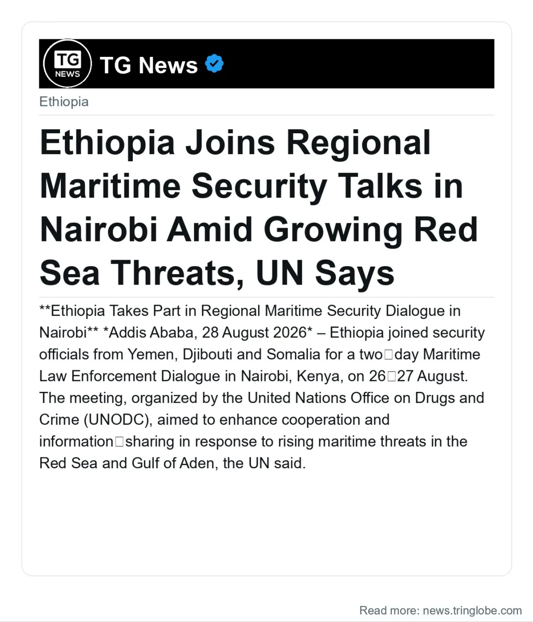 Ethiopia Joins Regional Maritime Security Talks in Nairobi Amid Growing Red Sea Threats, UN Says