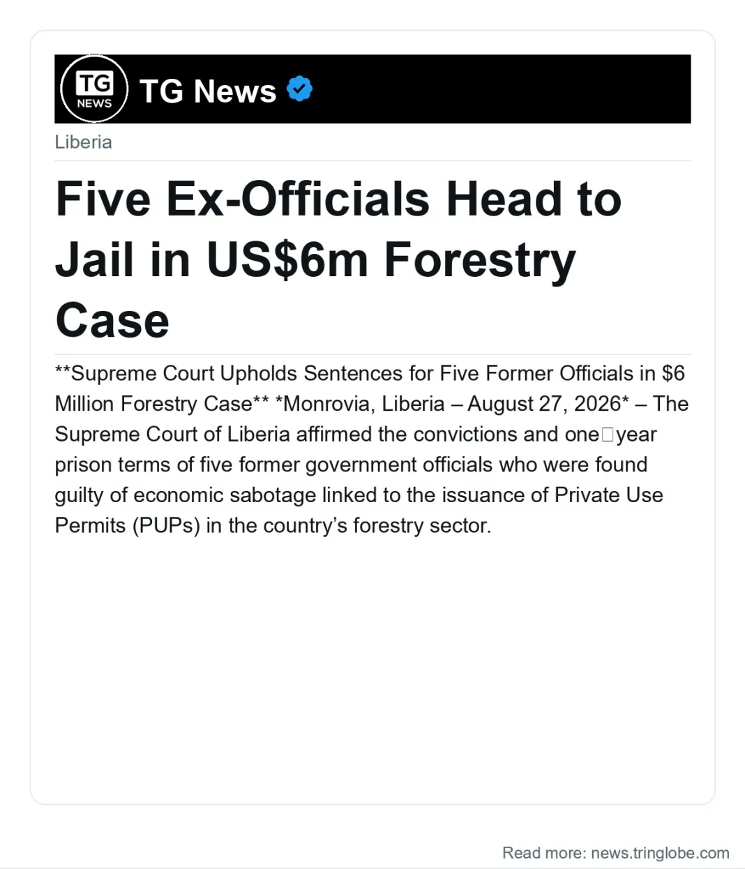 Five Ex-Officials Head to Jail in US$6m Forestry Case