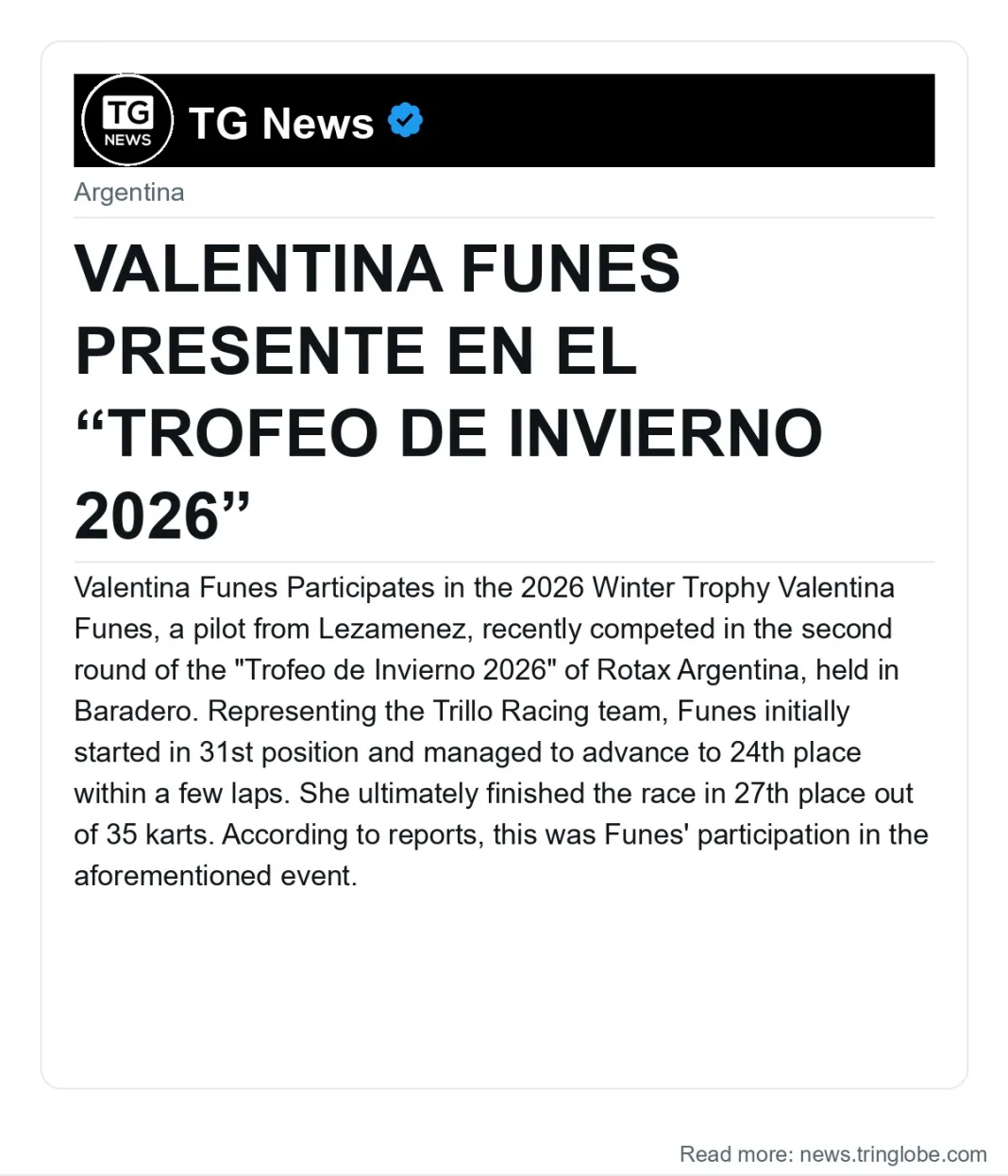 VALENTINA FUNES PRESENTE EN EL “TROFEO DE INVIERNO 2026”