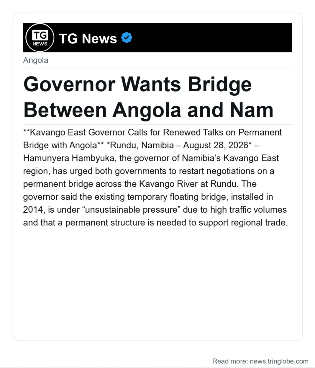 Governor Wants Bridge Between Angola and Nam