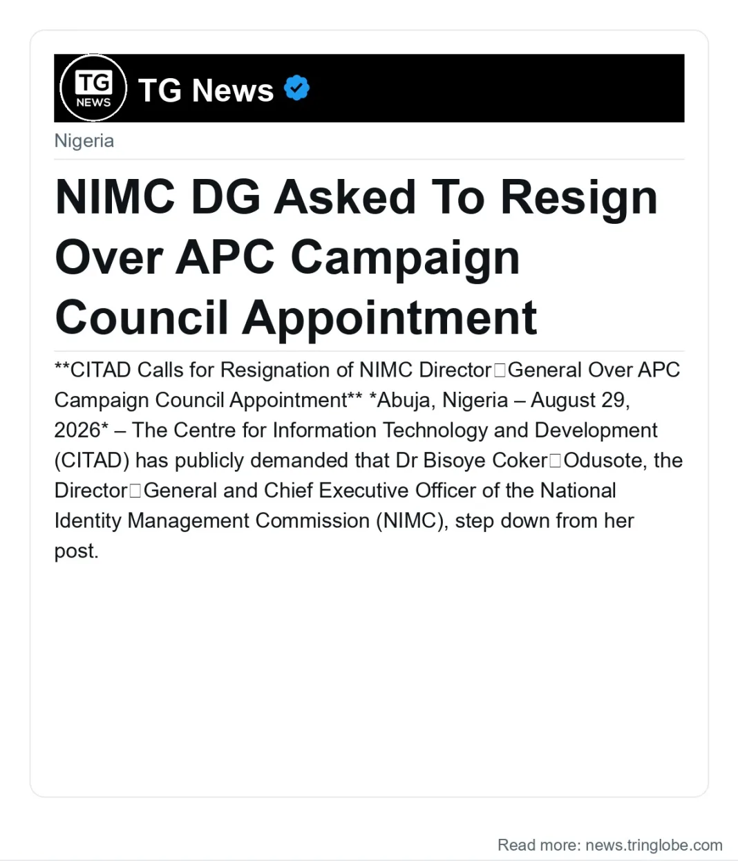 NIMC DG Asked To Resign Over APC Campaign Council Appointment