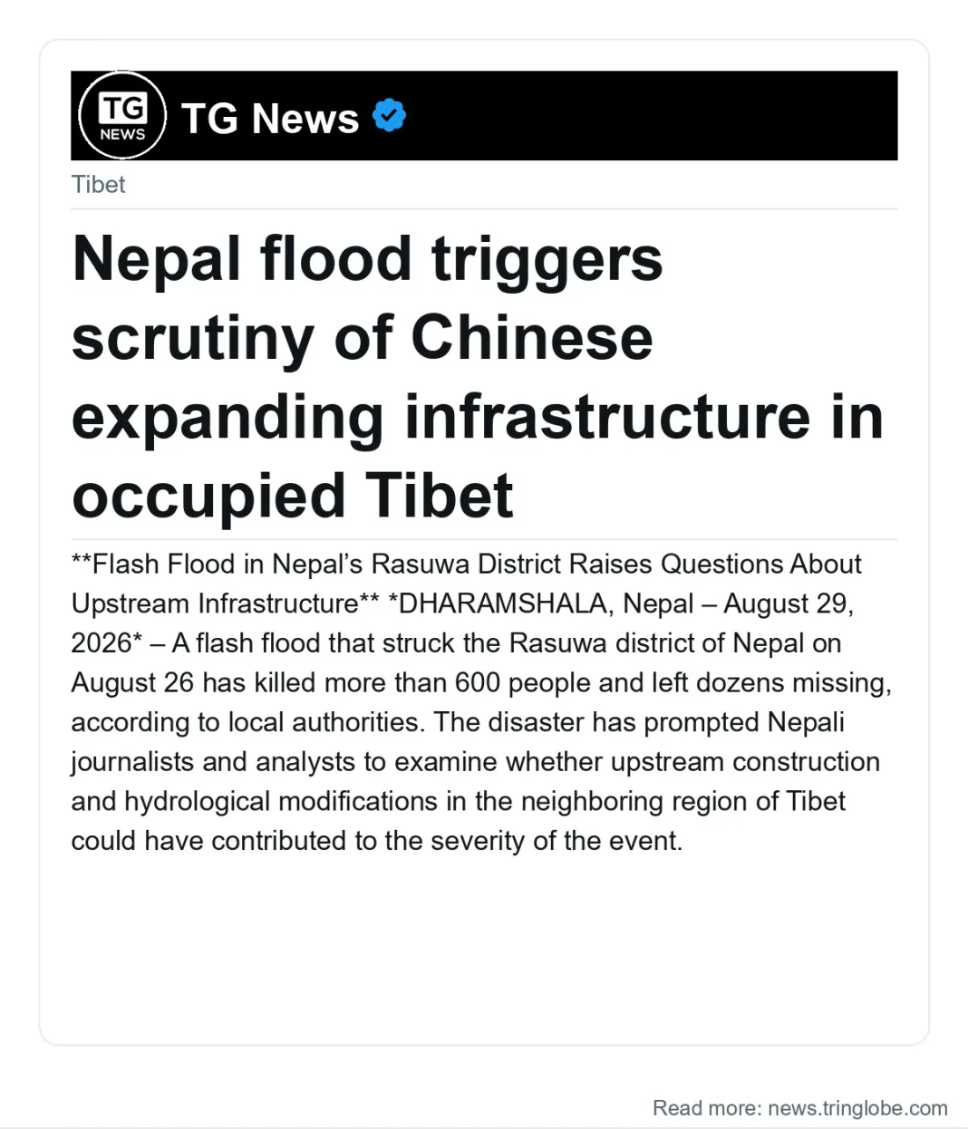 Nepal flood triggers scrutiny of Chinese expanding infrastructure in occupied Tibet