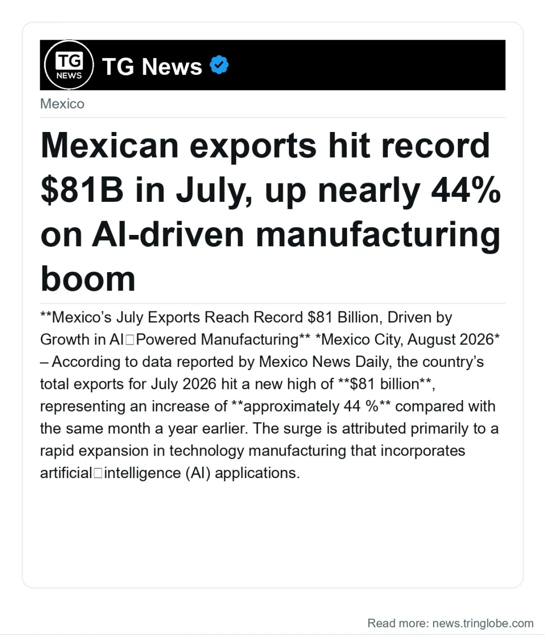 Mexican exports hit record $81B in July, up nearly 44% on AI-driven manufacturing boom