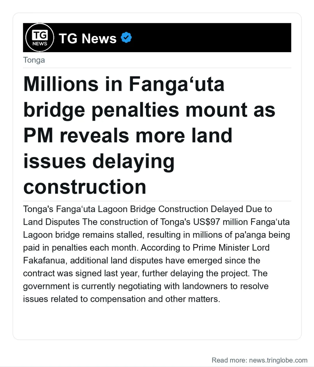 Millions in Fangaʻuta bridge penalties mount as PM reveals more land issues delaying construction