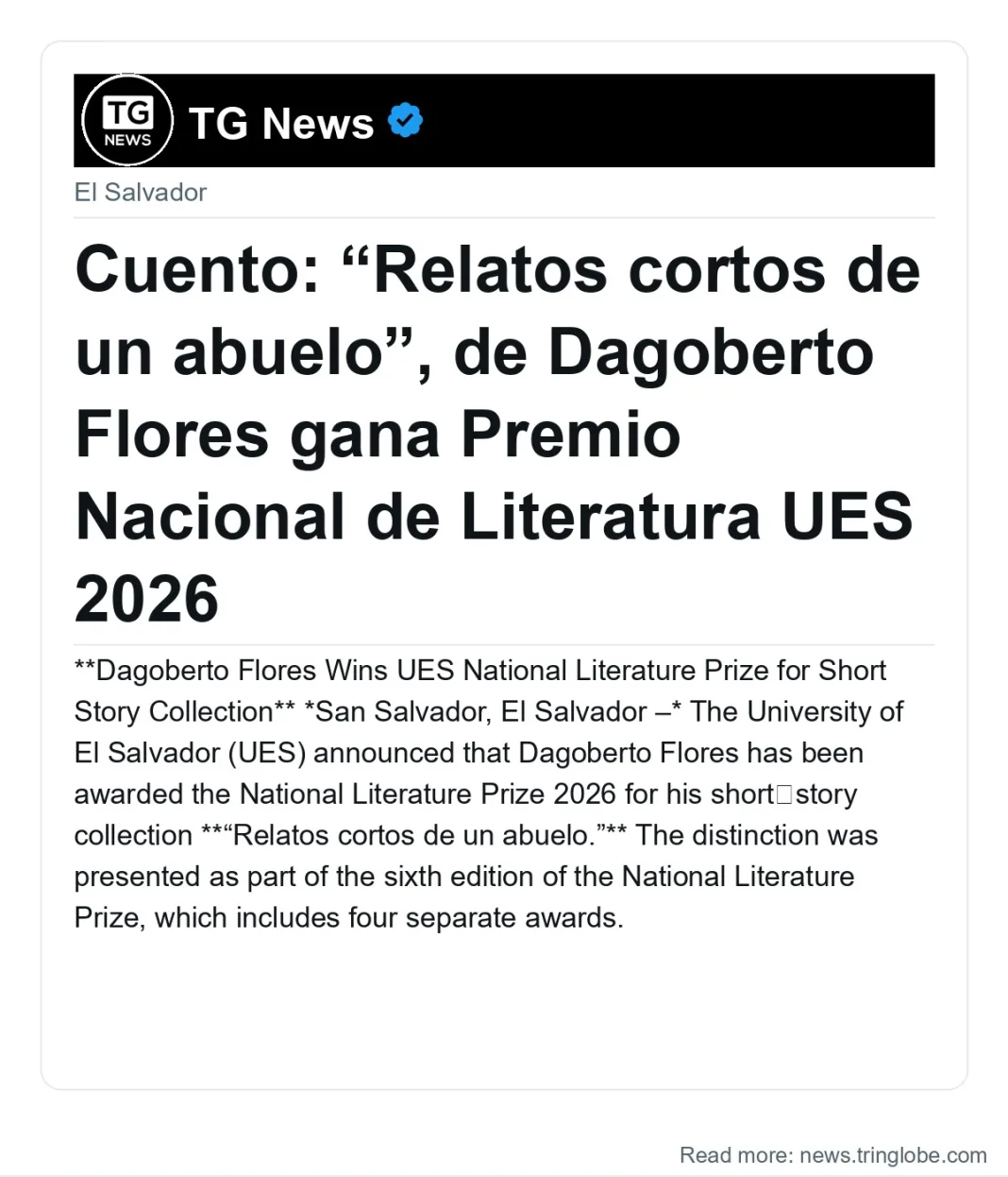 Cuento: “Relatos cortos de un abuelo”, de Dagoberto Flores gana Premio Nacional de Literatura UES 2026
