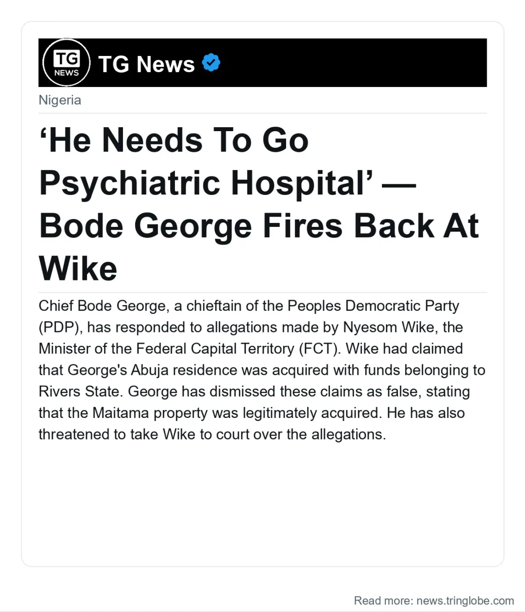 ‘He Needs To Go Psychiatric Hospital’ — Bode George Fires Back At Wike