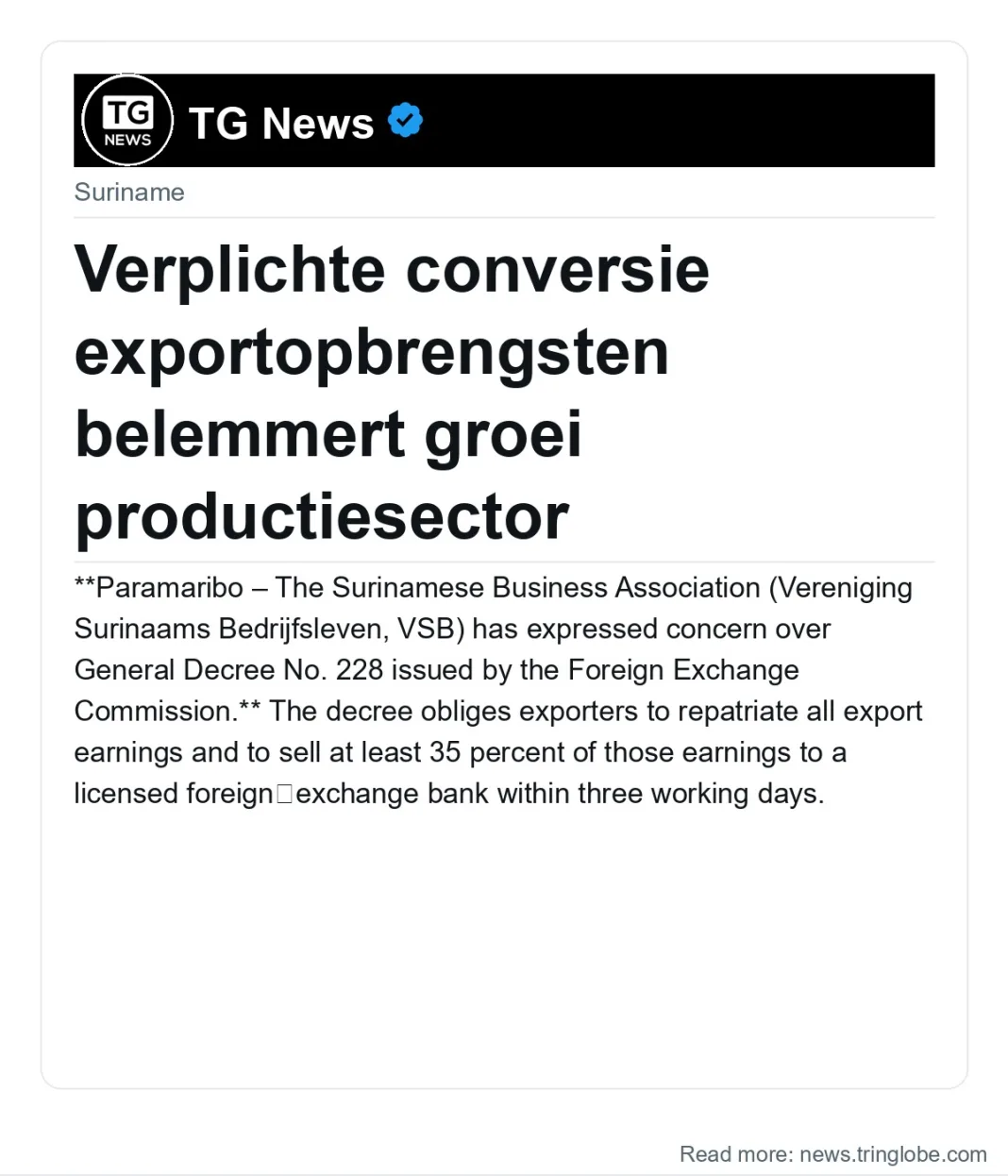 Verplichte conversie exportopbrengsten belemmert groei productiesector