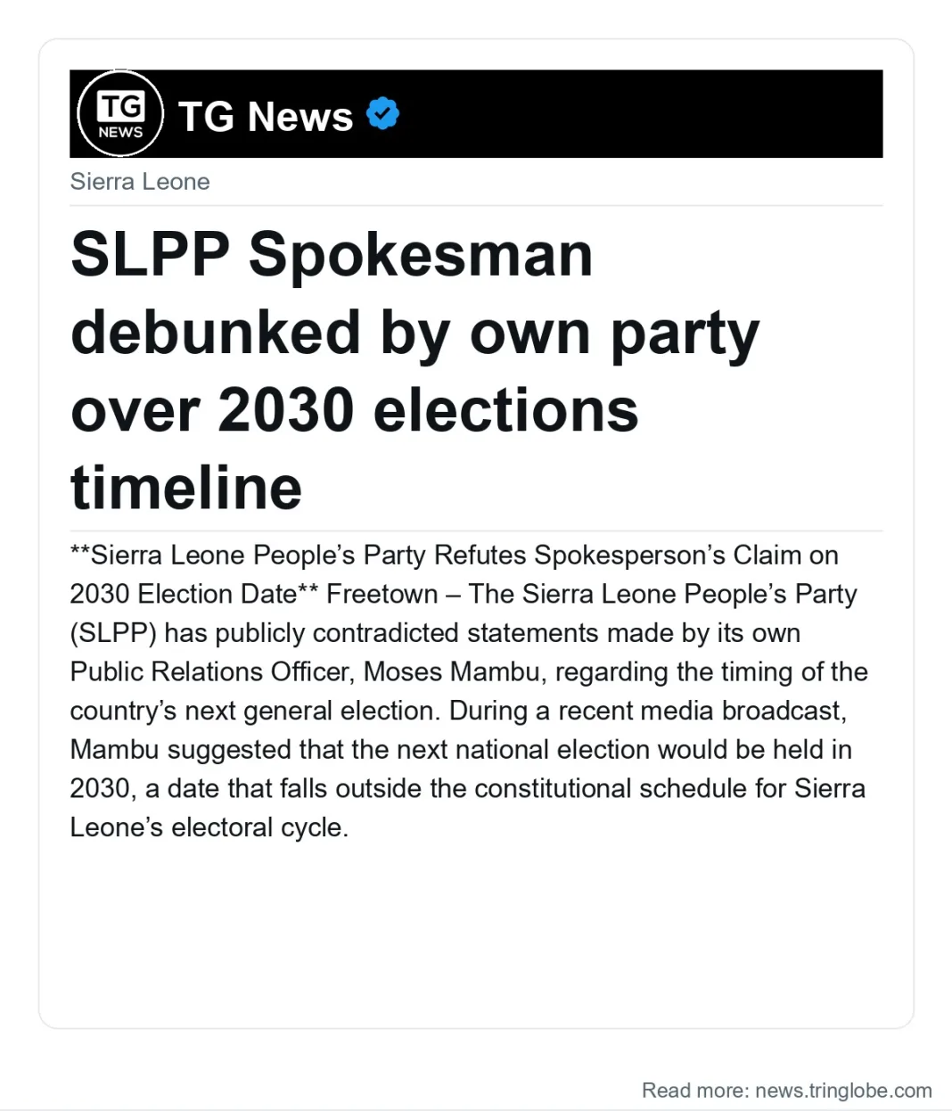 SLPP Spokesman debunked by own party over 2030 elections timeline