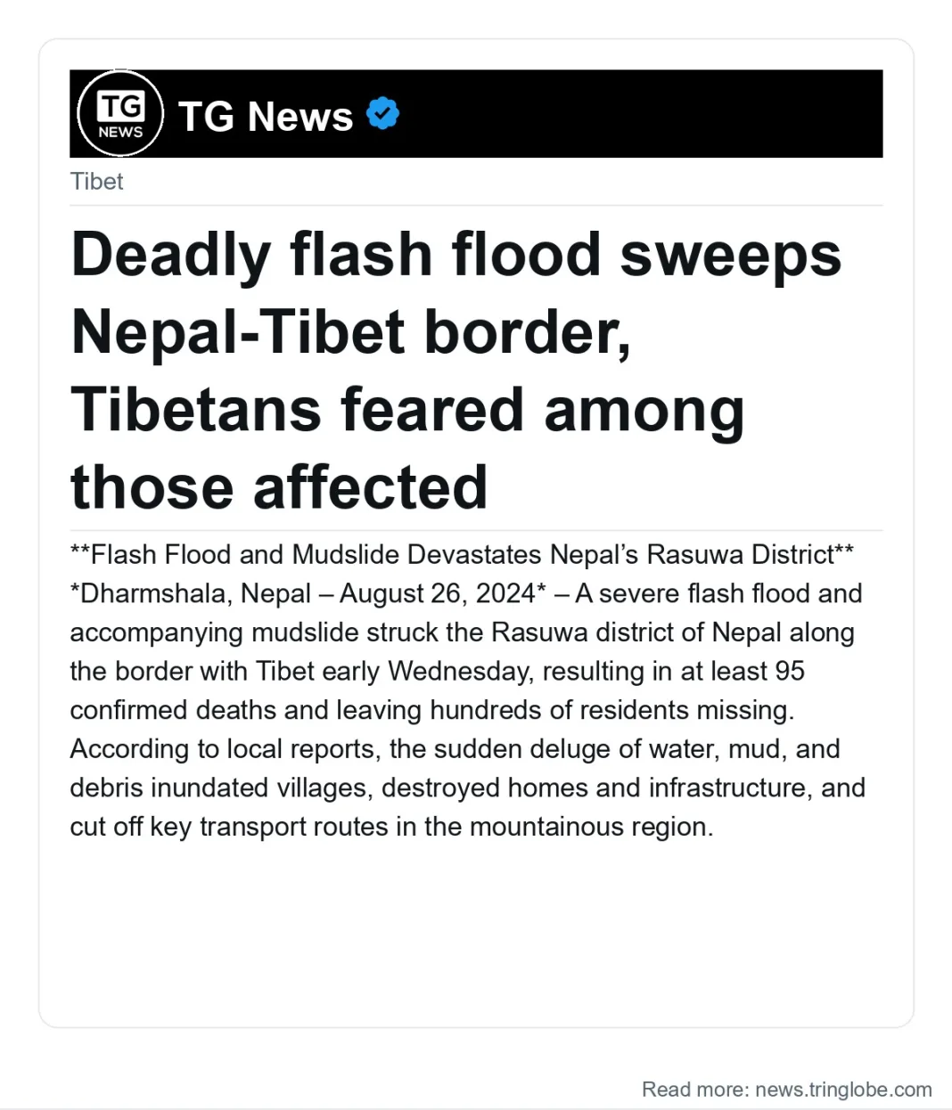 Deadly flash flood sweeps Nepal-Tibet border, Tibetans feared among those affected