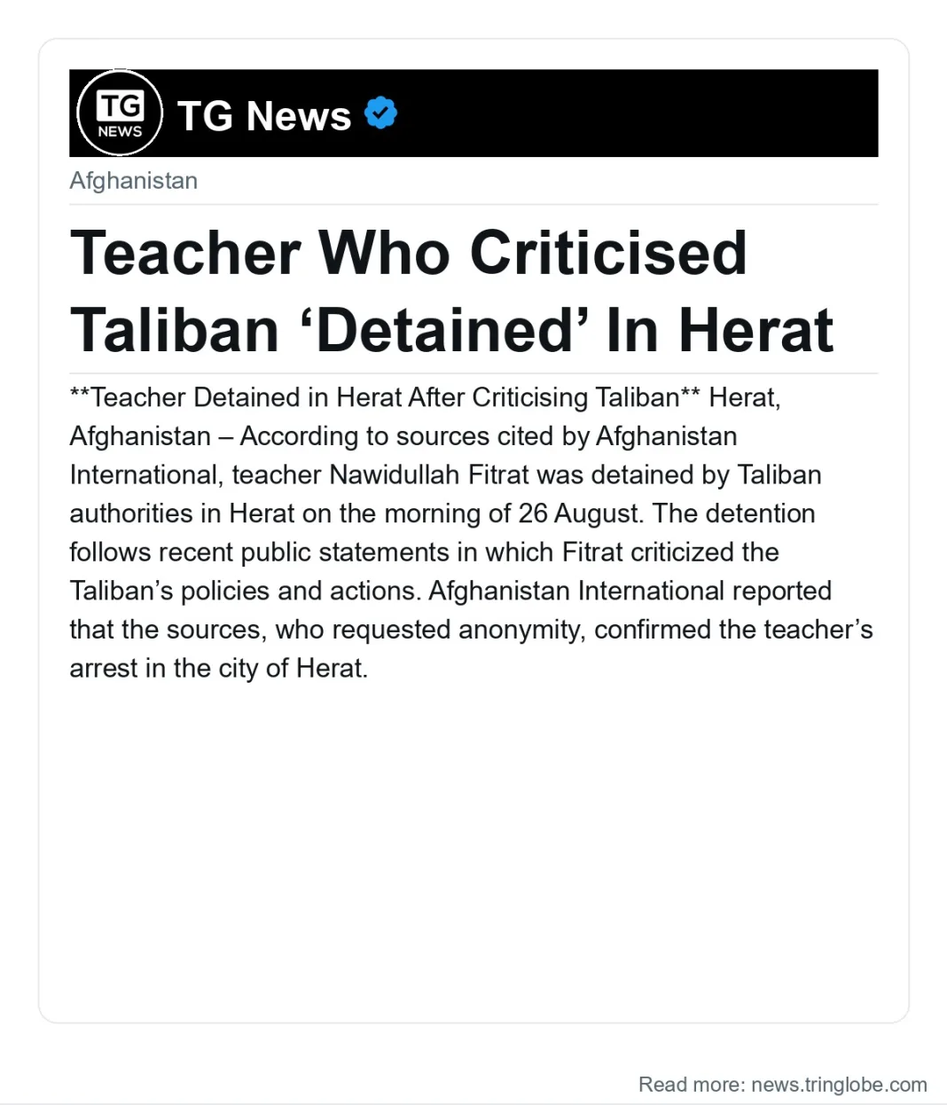 Teacher Who Criticised Taliban ‘Detained’ In Herat