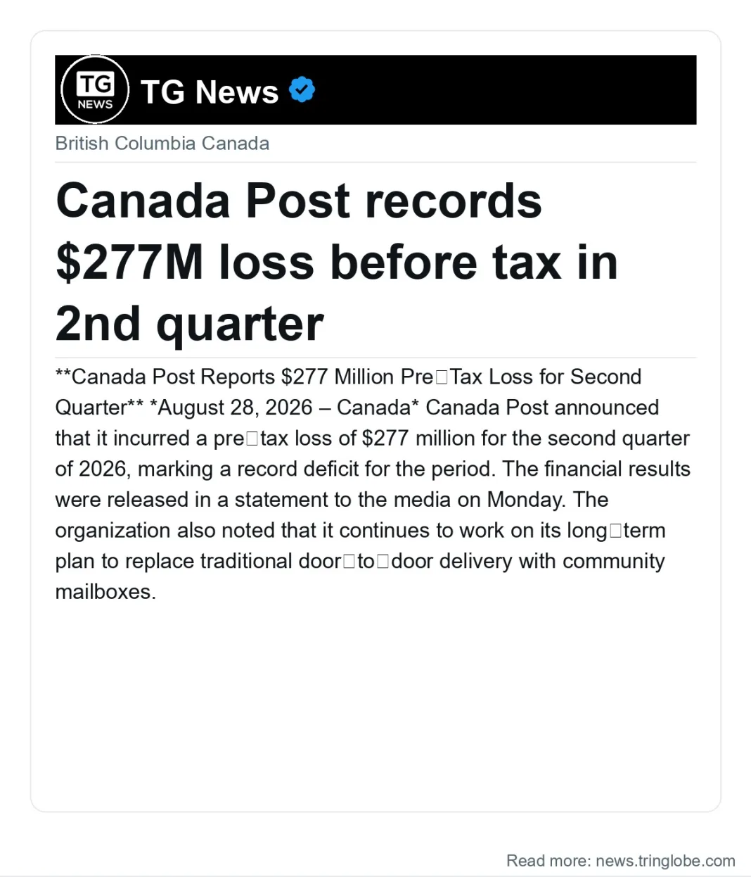 Canada Post records $277M loss before tax in 2nd quarter