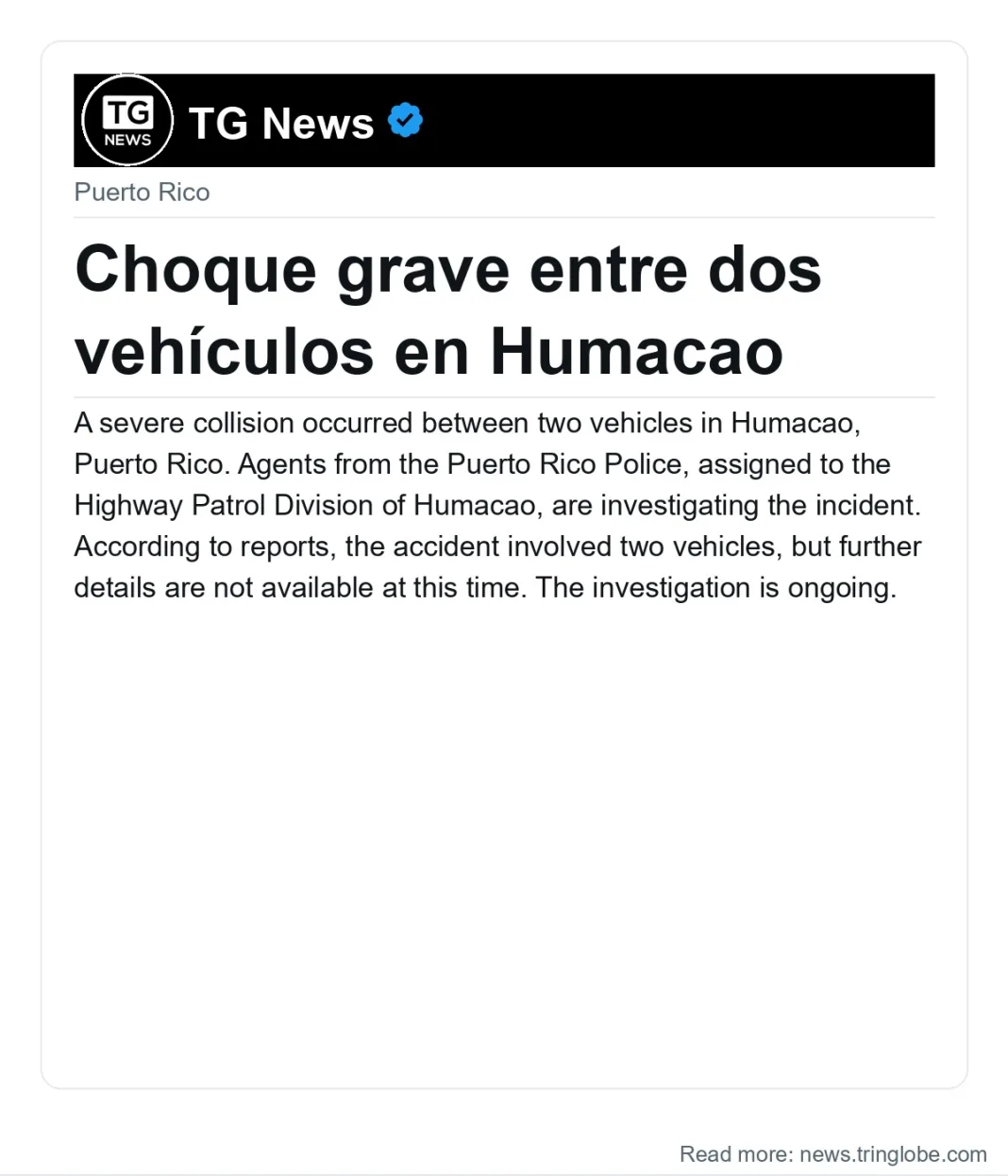 Choque grave entre dos vehículos en Humacao