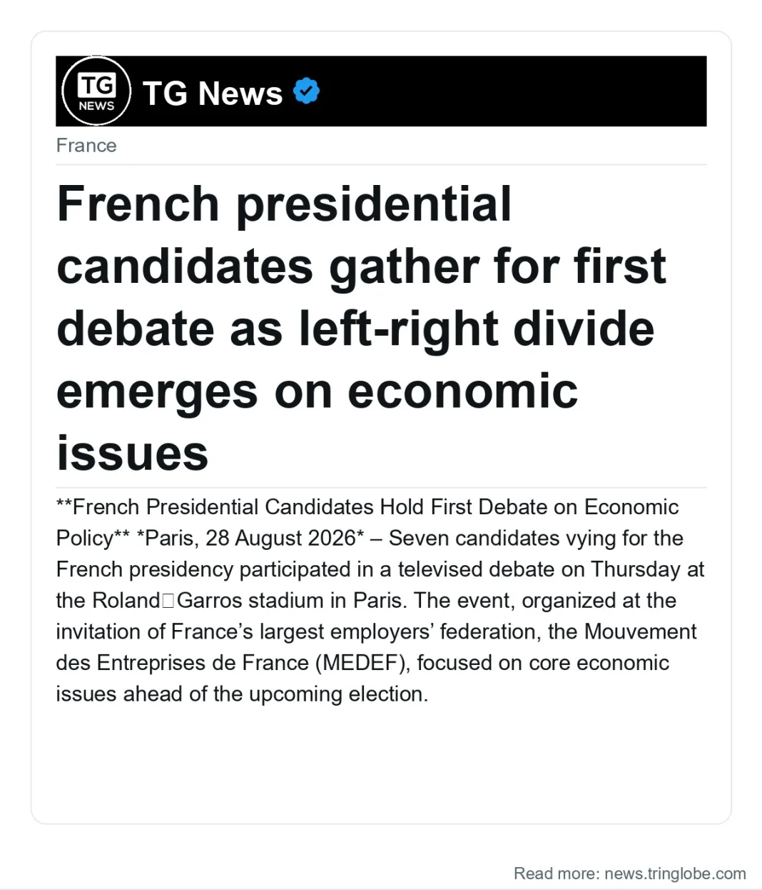 French presidential candidates gather for first debate as left-right divide emerges on economic issues