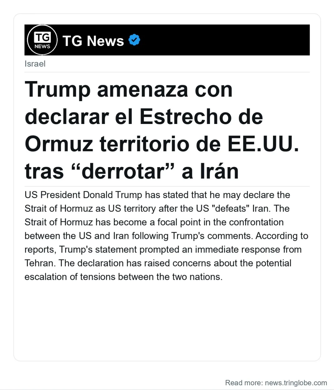 Trump amenaza con declarar el Estrecho de Ormuz territorio de EE.UU. tras “derrotar” a Irán