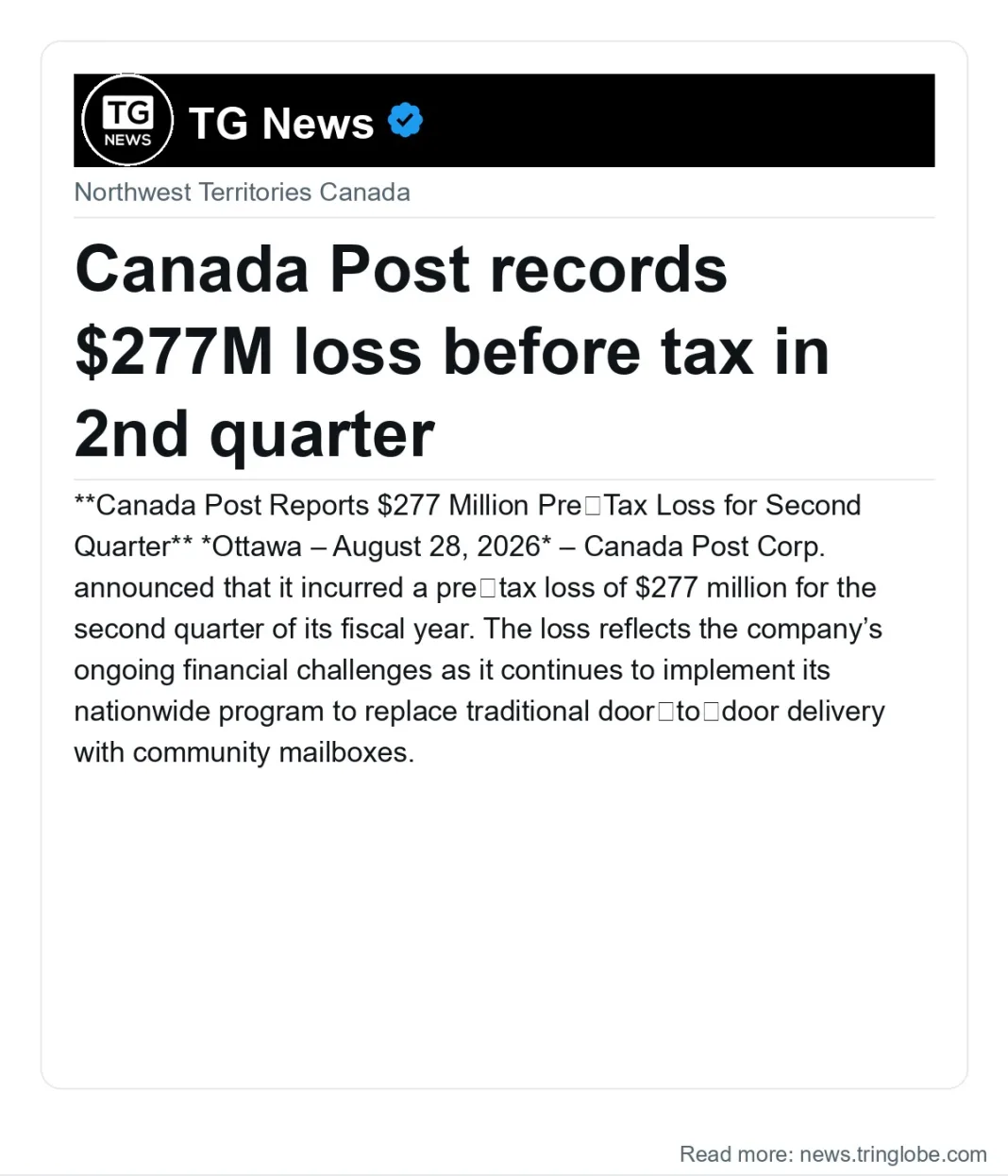 Canada Post records $277M loss before tax in 2nd quarter