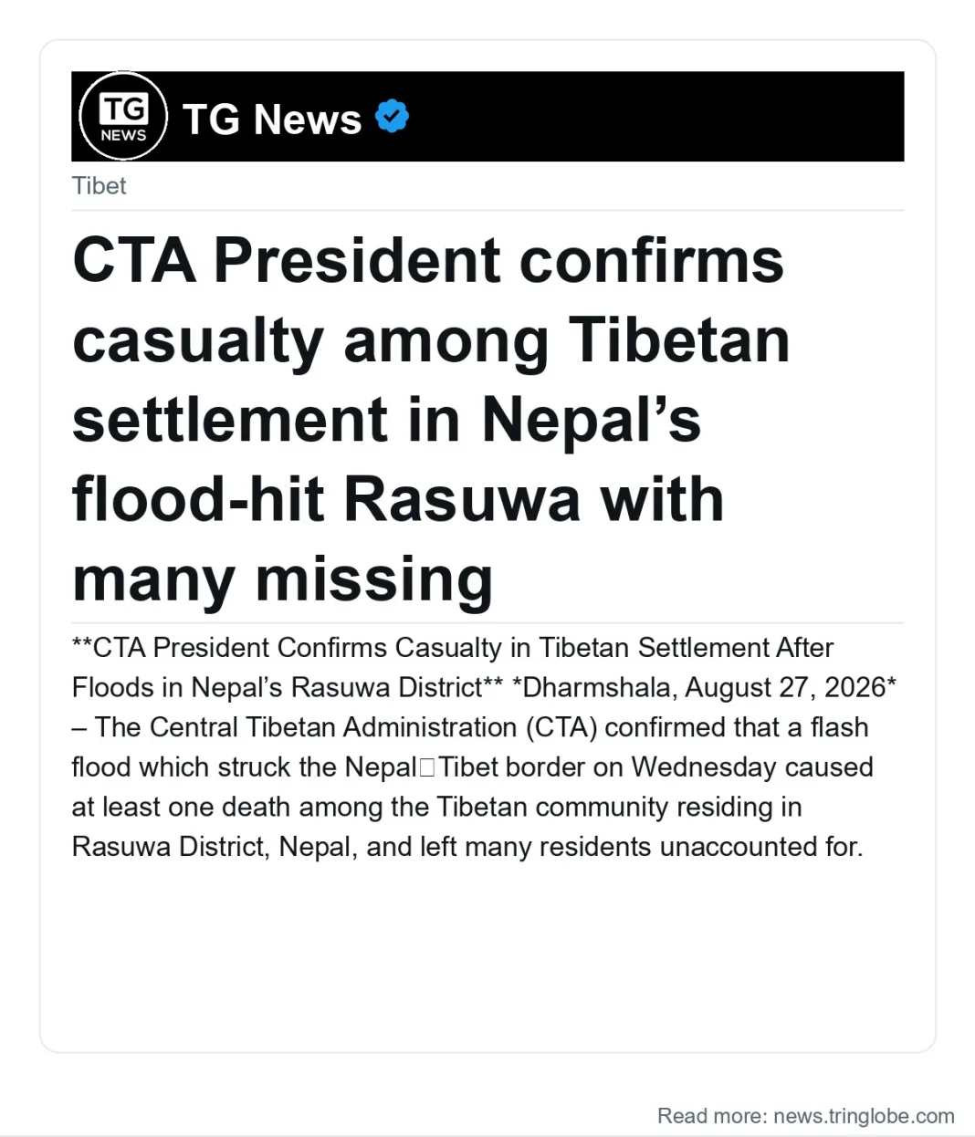 CTA President confirms casualty among Tibetan settlement in Nepal’s flood-hit Rasuwa with many missing
