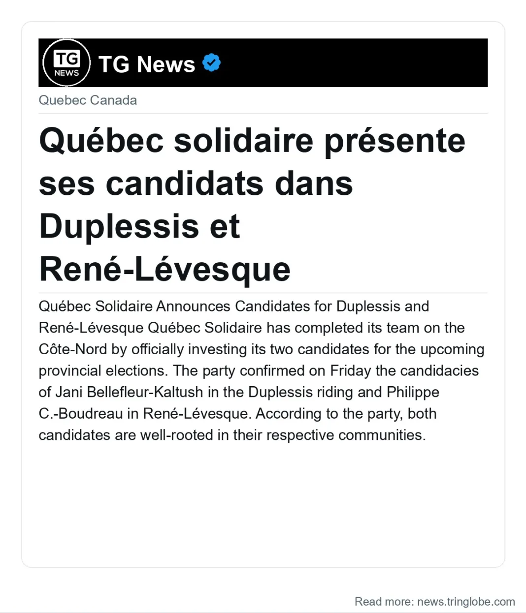 Québec solidaire présente ses candidats dans Duplessis et René-Lévesque