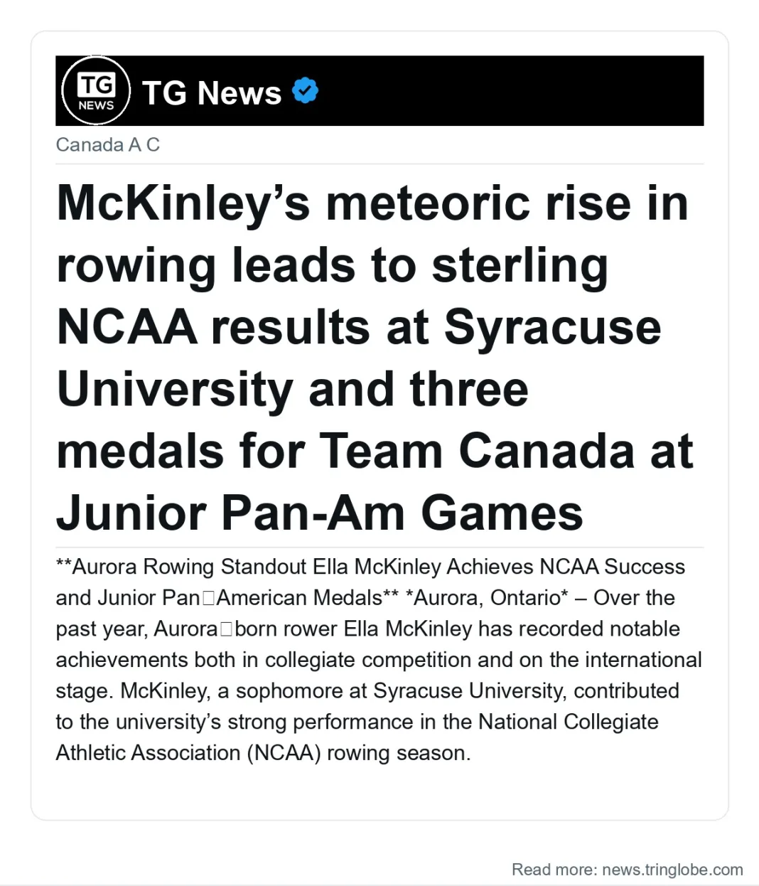 McKinley’s meteoric rise in rowing leads to sterling NCAA results at Syracuse University and three medals for Team Canada at Junior Pan-Am Games