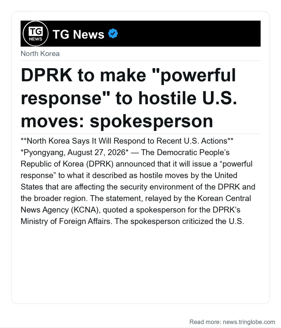DPRK to make “powerful response” to hostile U.S. moves: spokesperson