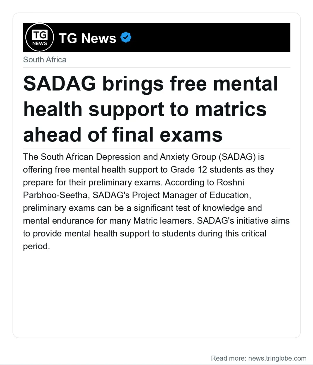 SADAG brings free mental health support to matrics ahead of final exams