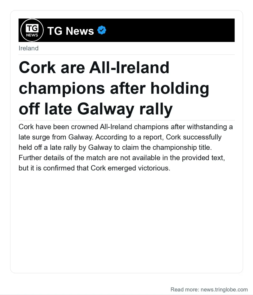 Cork are All-Ireland champions after holding off late Galway rally