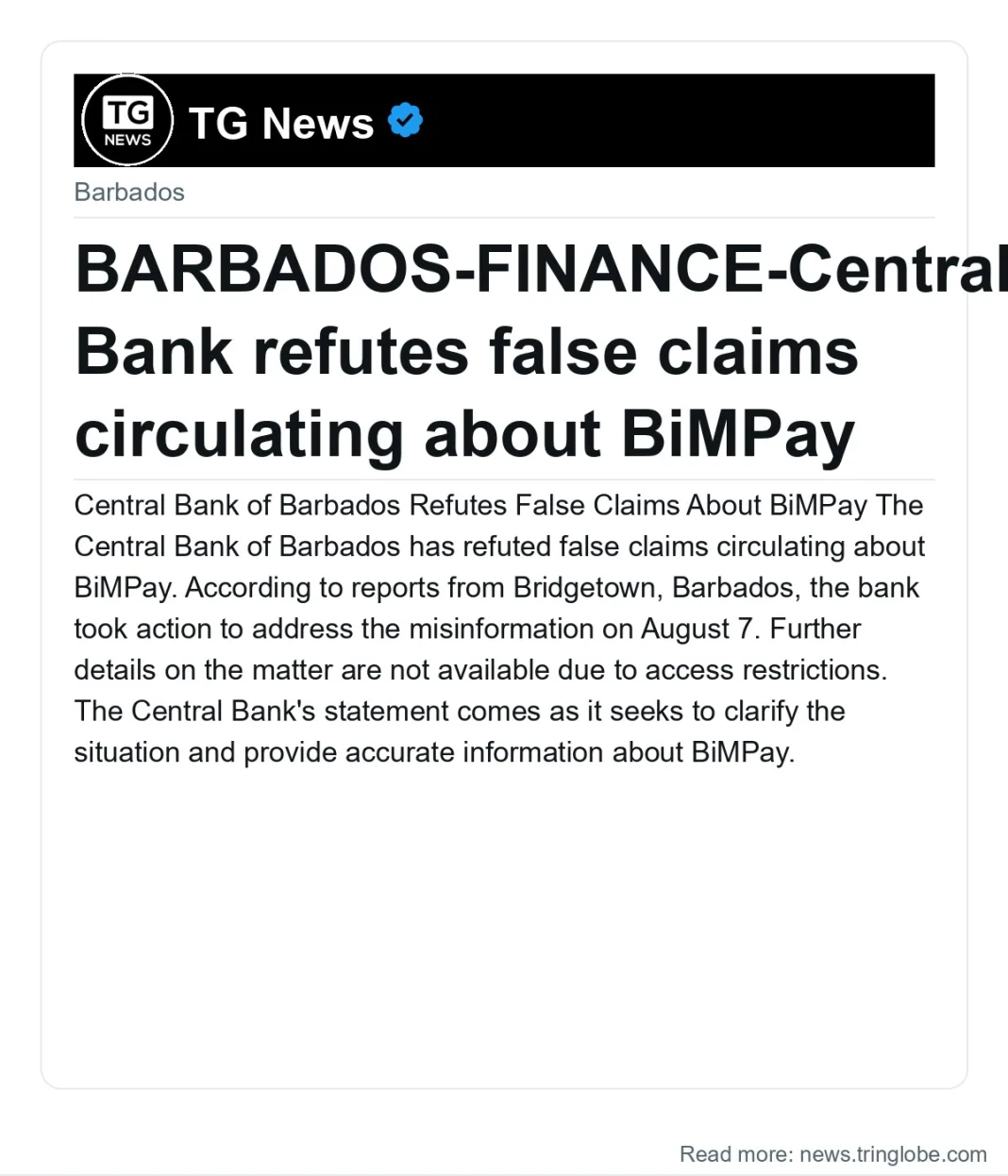 BARBADOS-FINANCE-Central Bank refutes false claims circulating about BiMPay