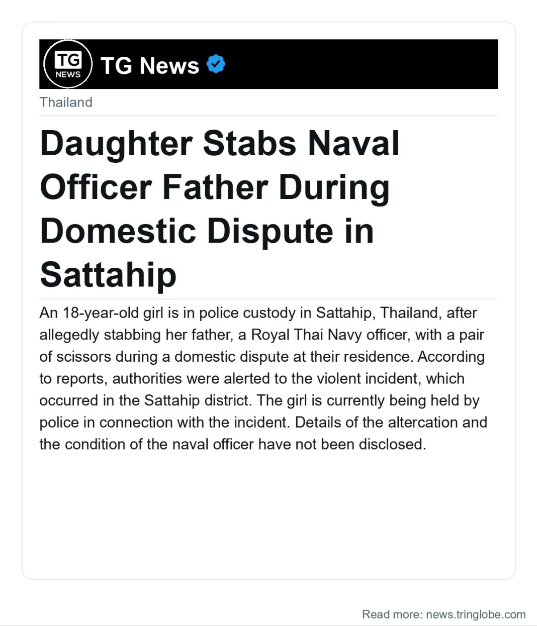 Daughter Stabs Naval Officer Father During Domestic Dispute in Sattahip