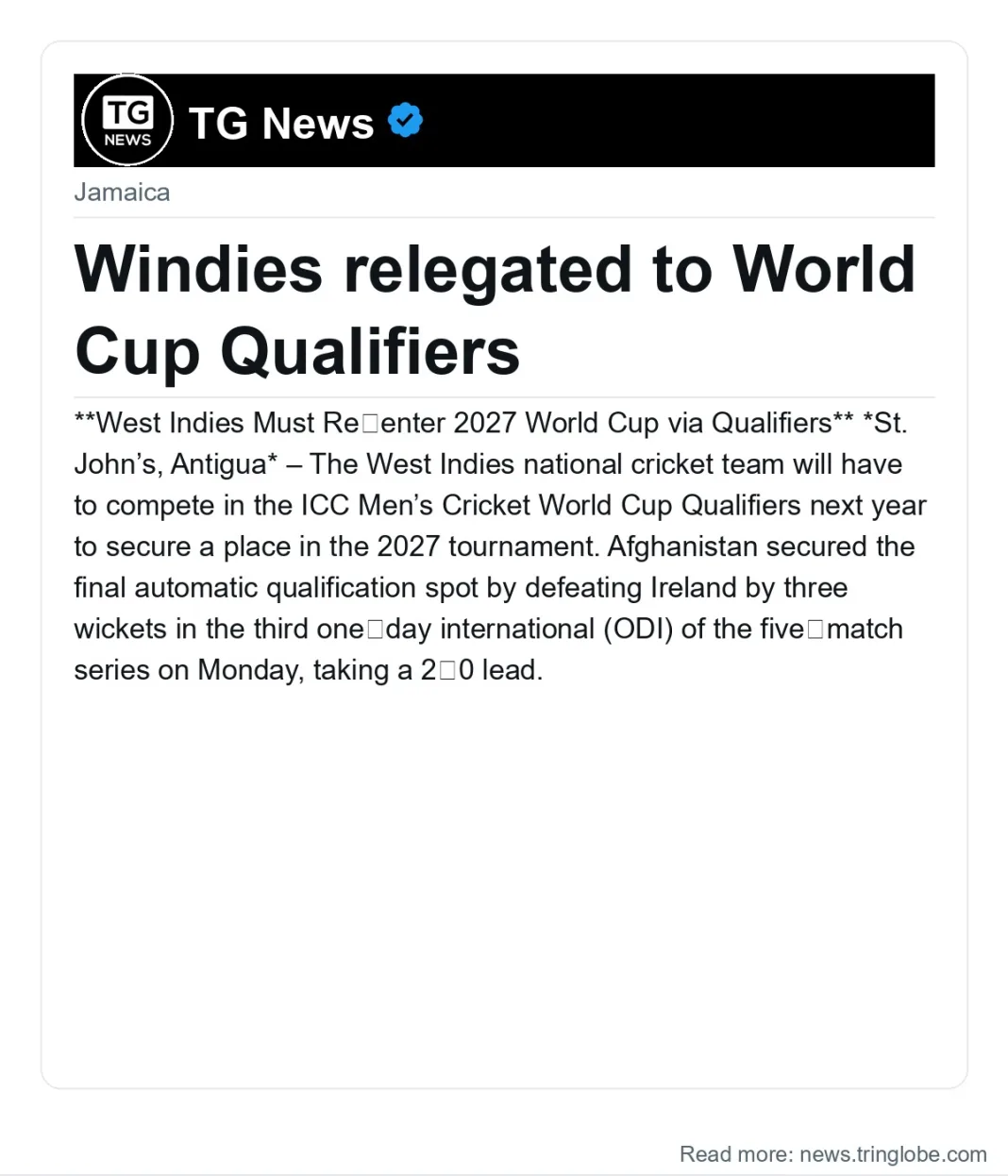 Windies relegated to World Cup Qualifiers