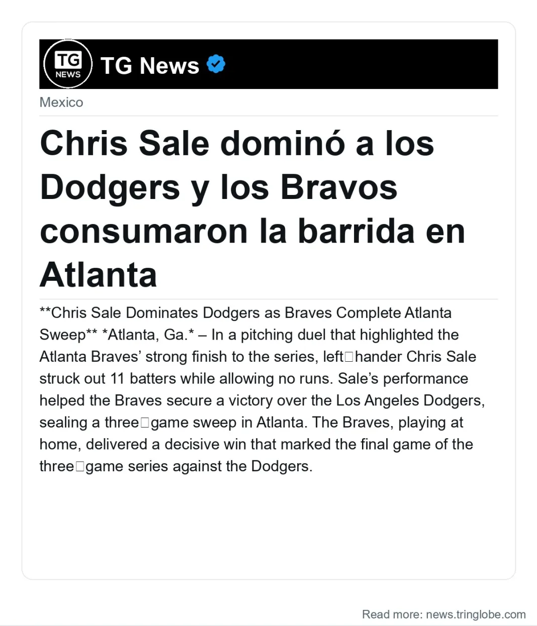 Chris Sale dominó a los Dodgers y los Bravos consumaron la barrida en Atlanta