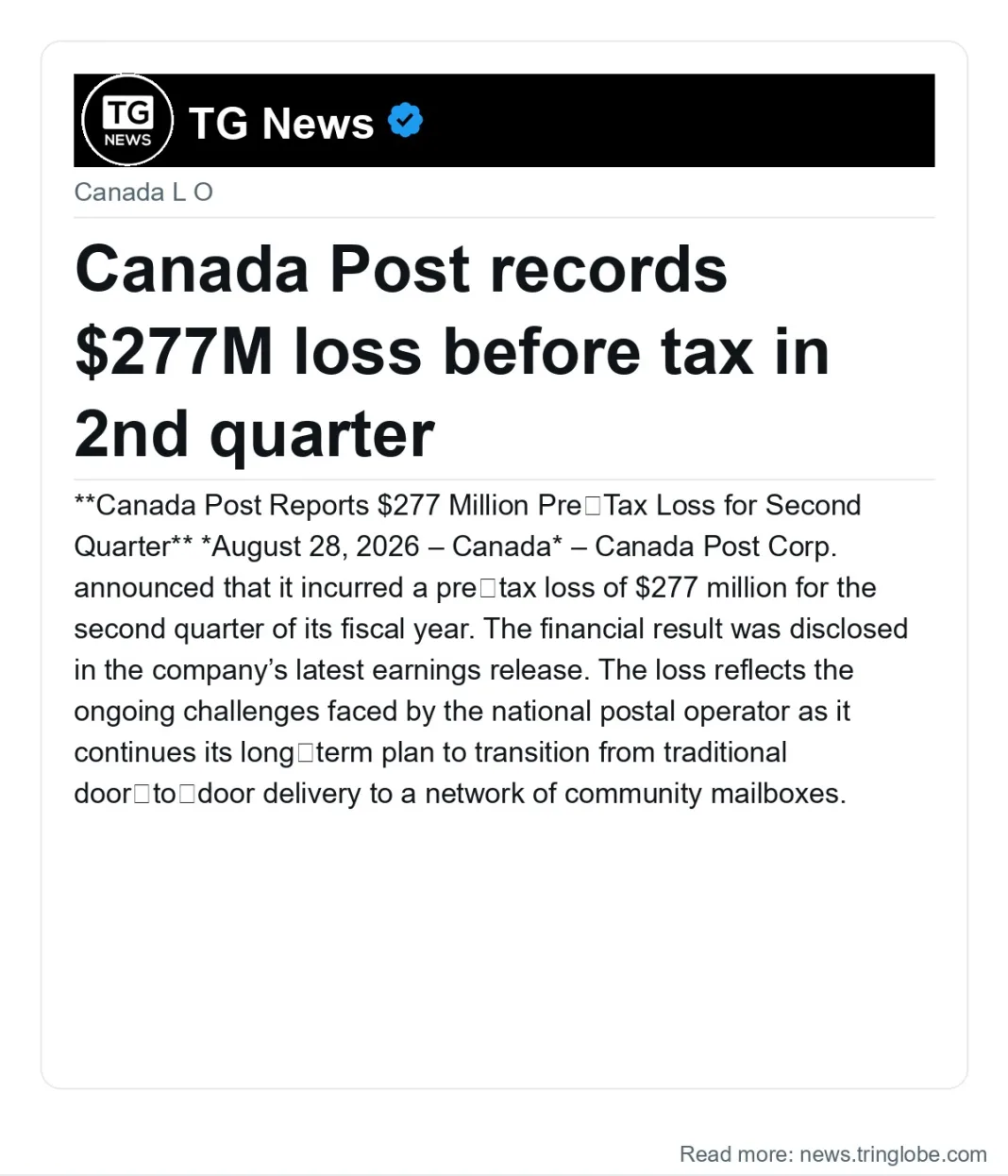 Canada Post records $277M loss before tax in 2nd quarter