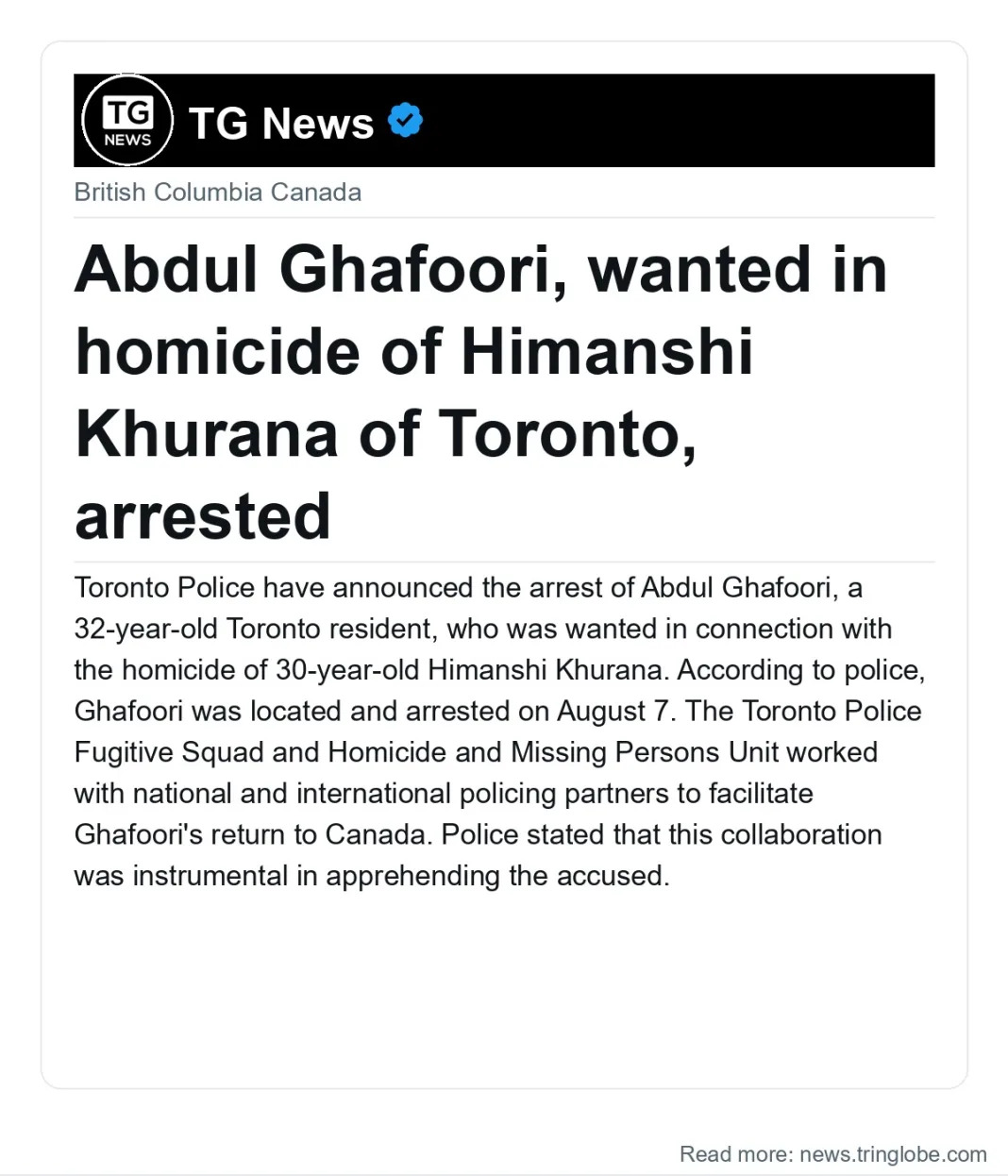 Abdul Ghafoori, wanted in homicide of Himanshi Khurana of Toronto, arrested