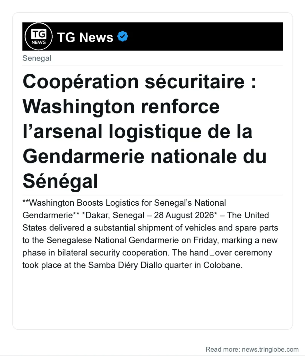 Coopération sécuritaire : Washington renforce l’arsenal logistique de la Gendarmerie nationale du Sénégal