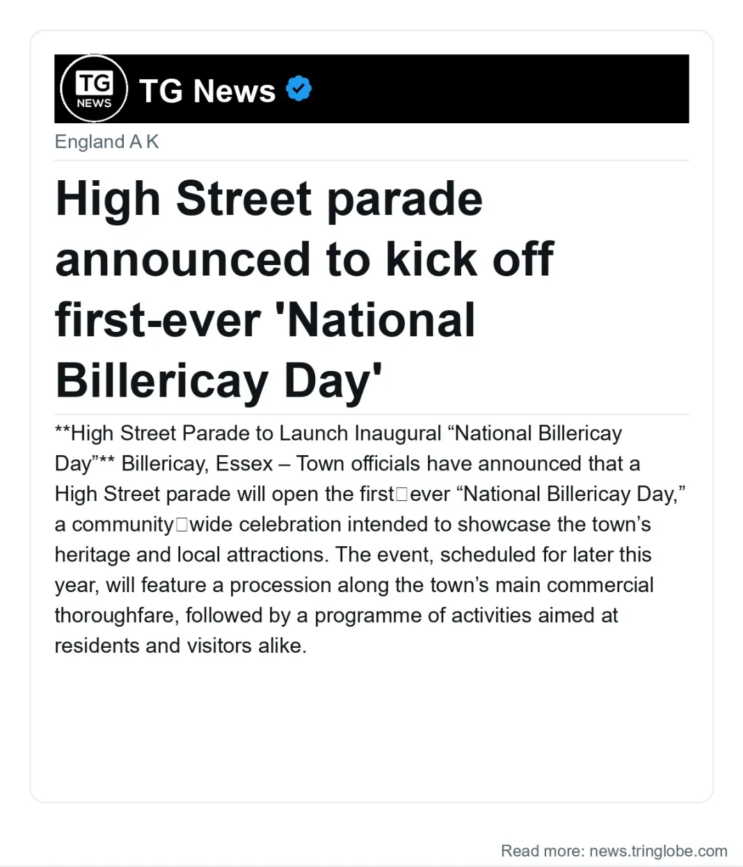 High Street parade announced to kick off first-ever ‘National Billericay Day’