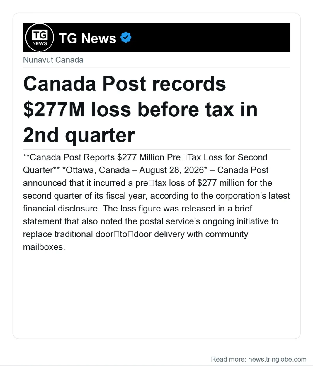 Canada Post records $277M loss before tax in 2nd quarter