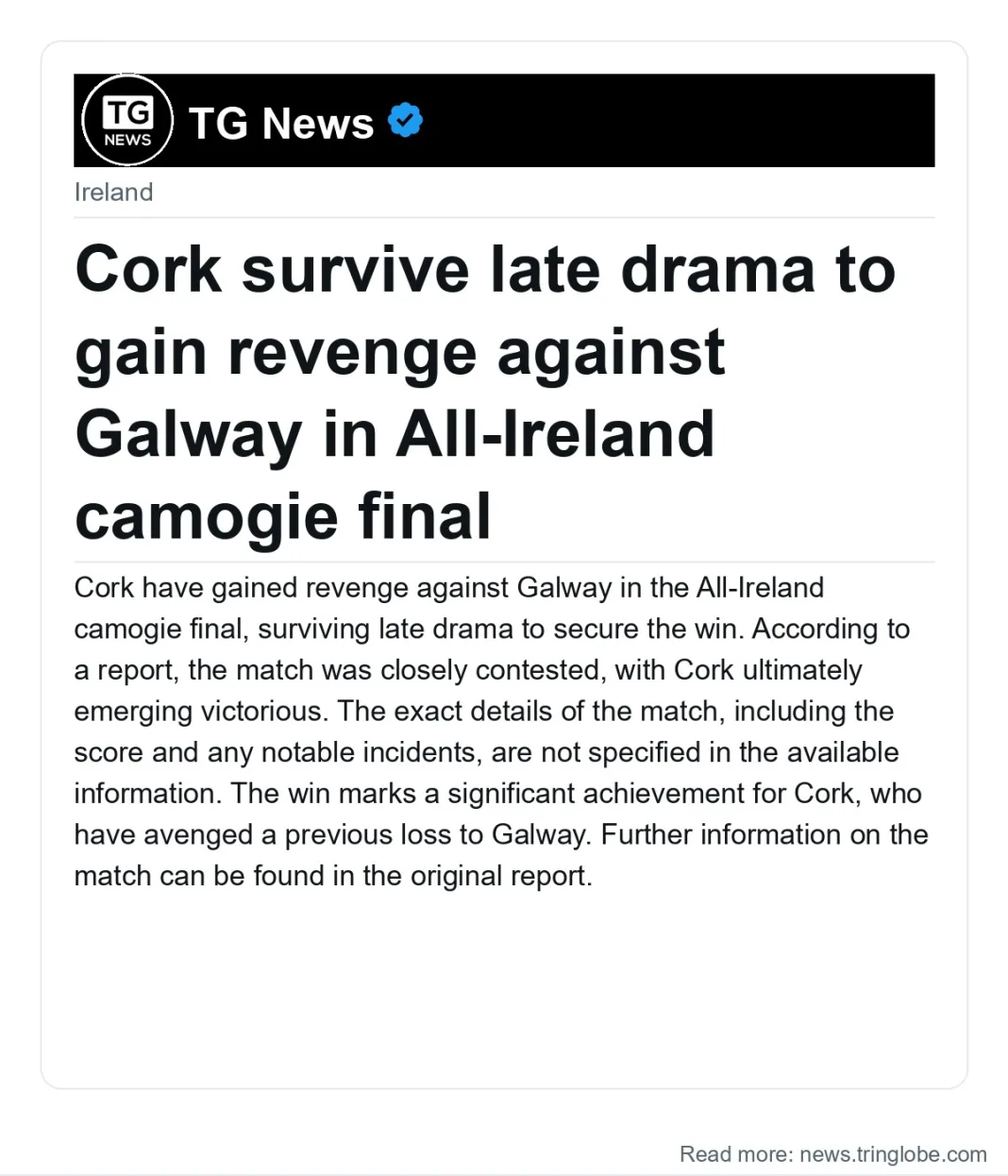 Cork survive late drama to gain revenge against Galway in All-Ireland camogie final