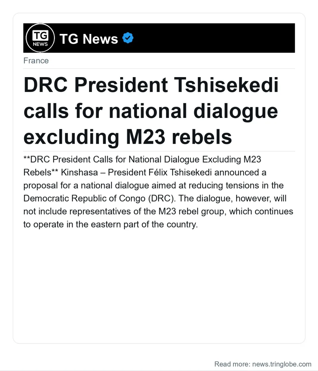 DRC President Tshisekedi calls for national dialogue excluding M23 rebels