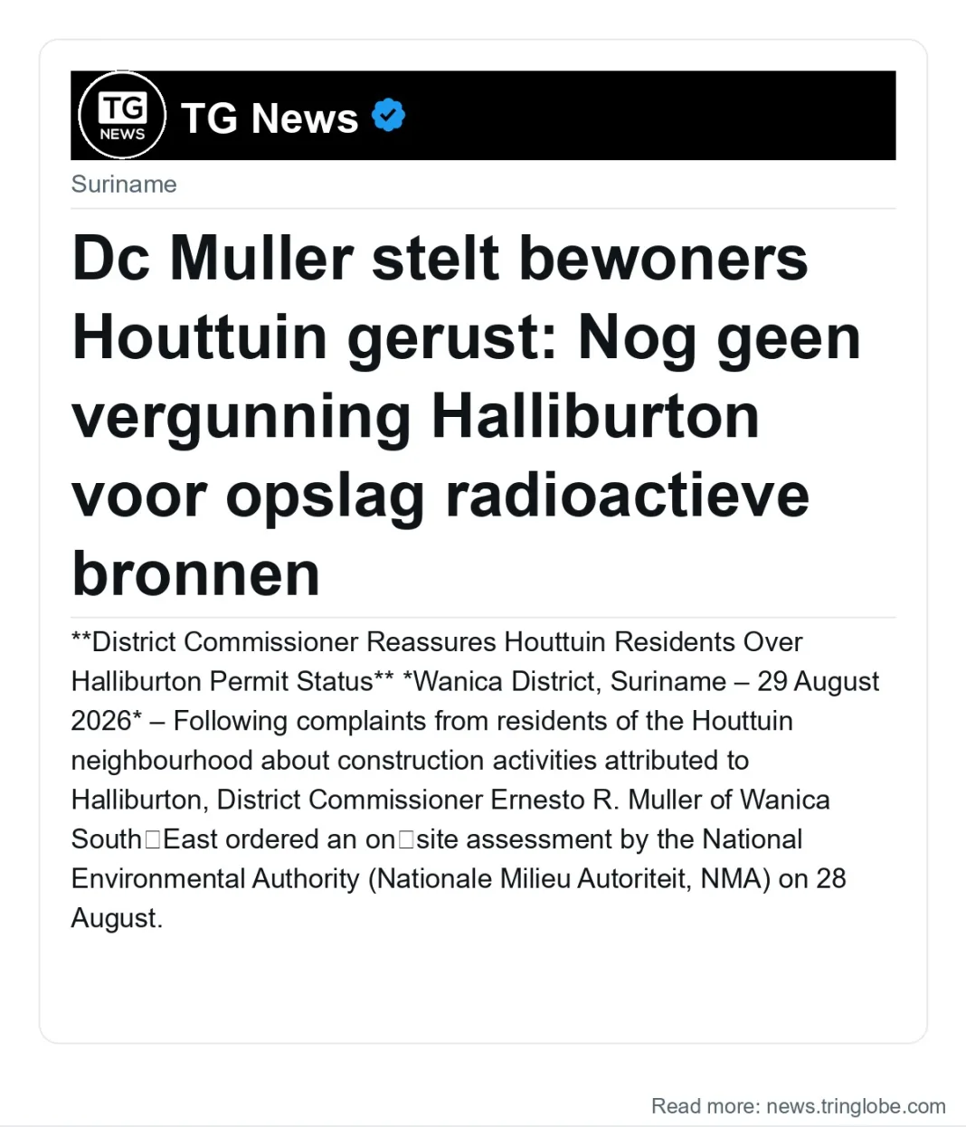 Dc Muller stelt bewoners Houttuin gerust: Nog geen vergunning Halliburton voor opslag radioactieve bronnen