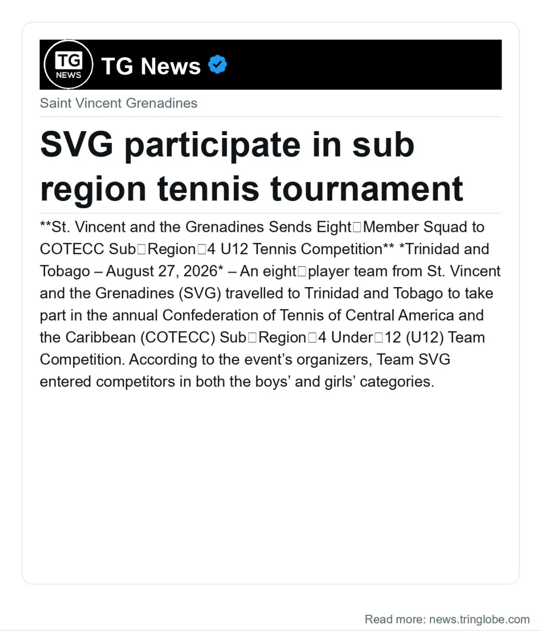 SVG participate in sub region tennis tournament