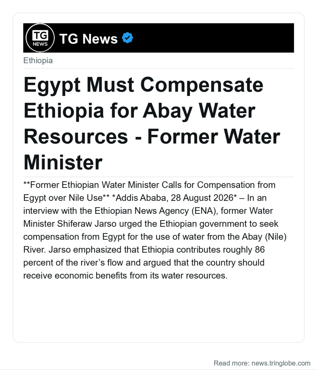 Egypt Must Compensate Ethiopia for Abay Water Resources – Former Water Minister