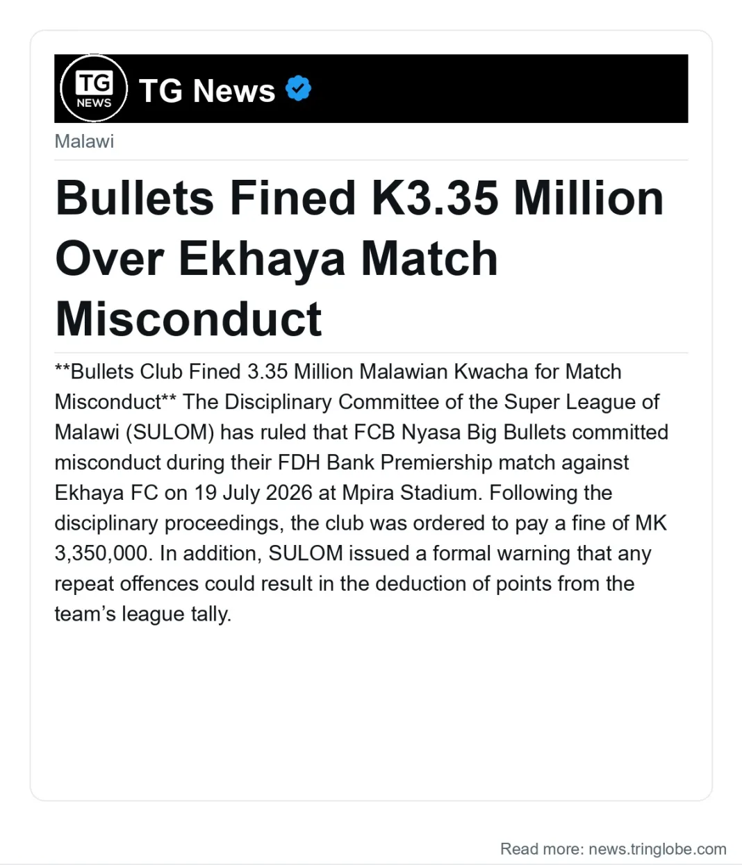Bullets Fined K3.35 Million Over Ekhaya Match Misconduct