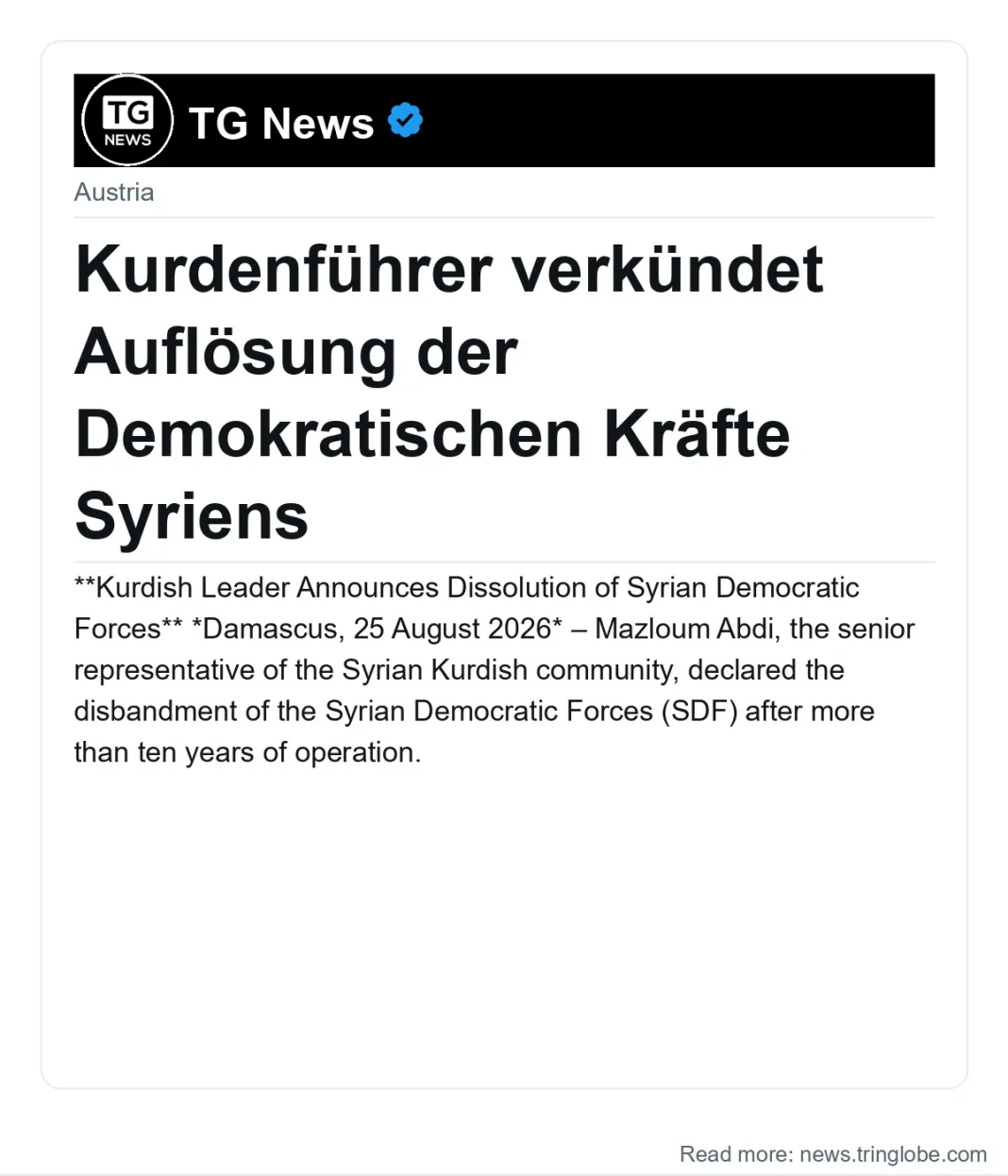 Kurdenführer verkündet Auflösung der Demokratischen Kräfte Syriens