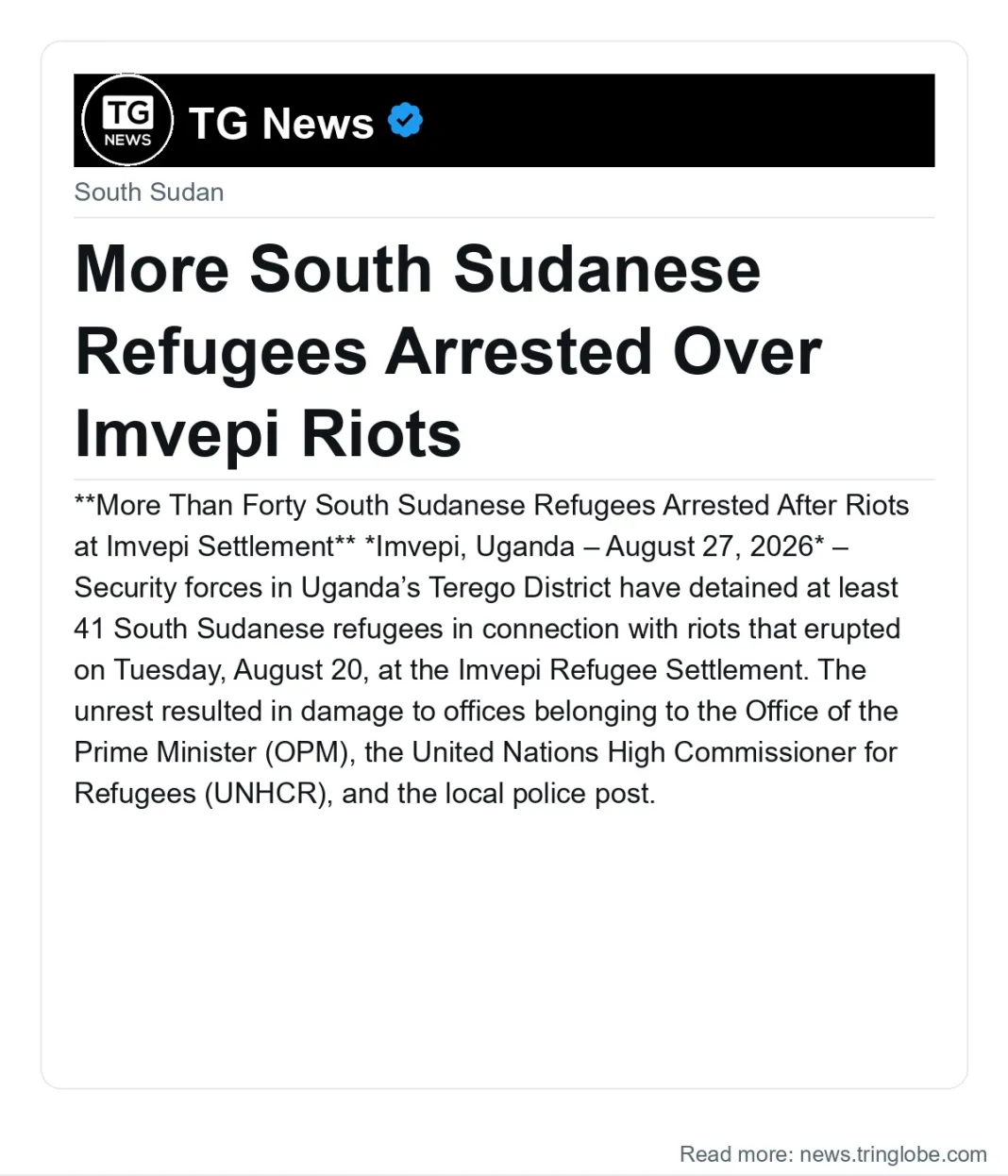 More South Sudanese Refugees Arrested Over Imvepi Riots