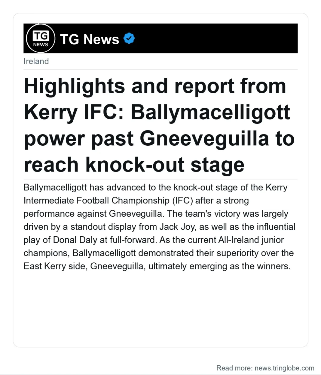 Highlights and report from Kerry IFC: Ballymacelligott power past Gneeveguilla to reach knock-out stage
