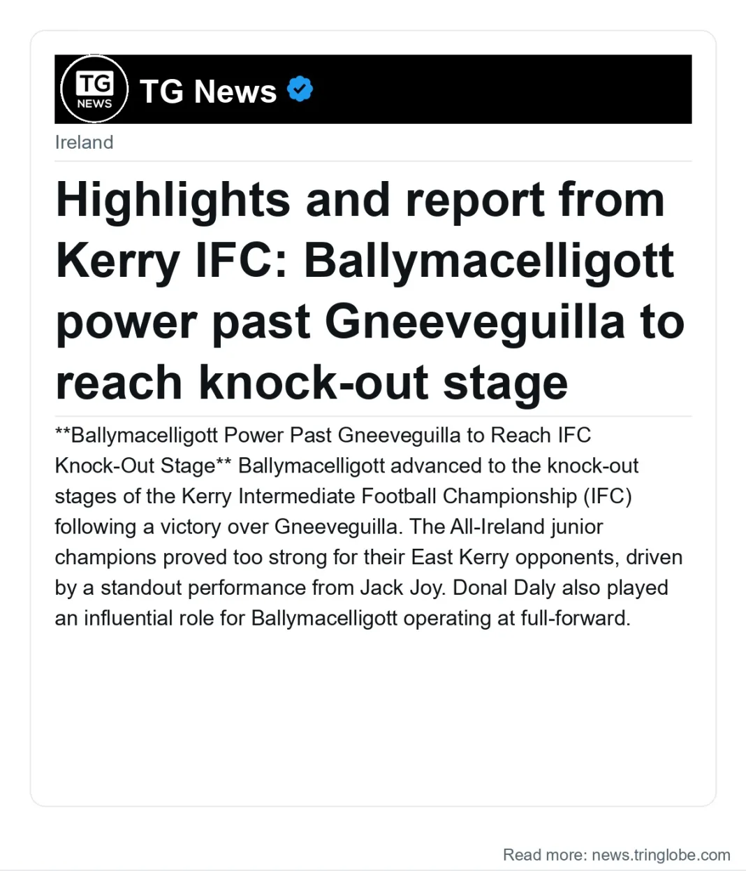 Highlights and report from Kerry IFC: Ballymacelligott power past Gneeveguilla to reach knock-out stage
