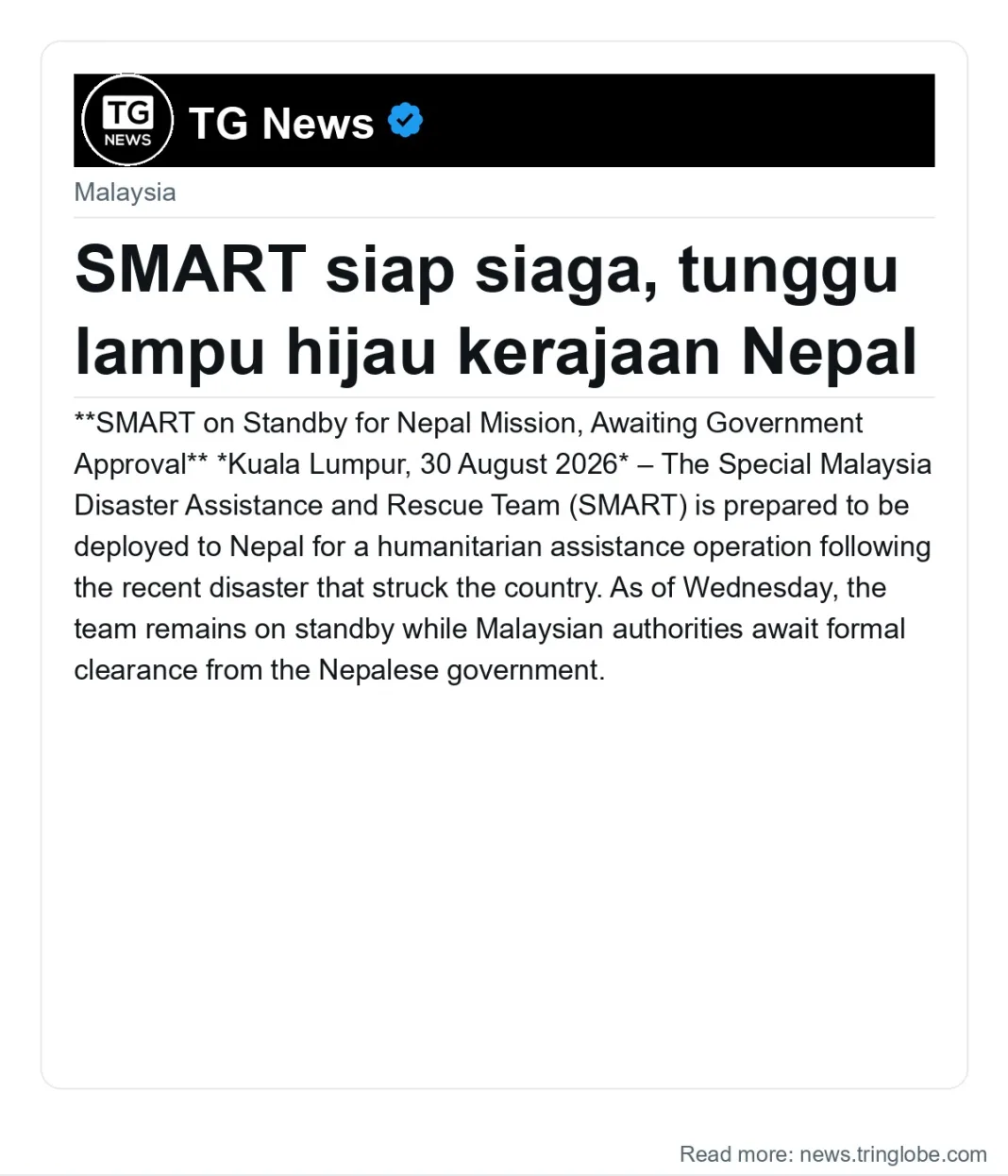 SMART siap siaga, tunggu lampu hijau kerajaan Nepal
