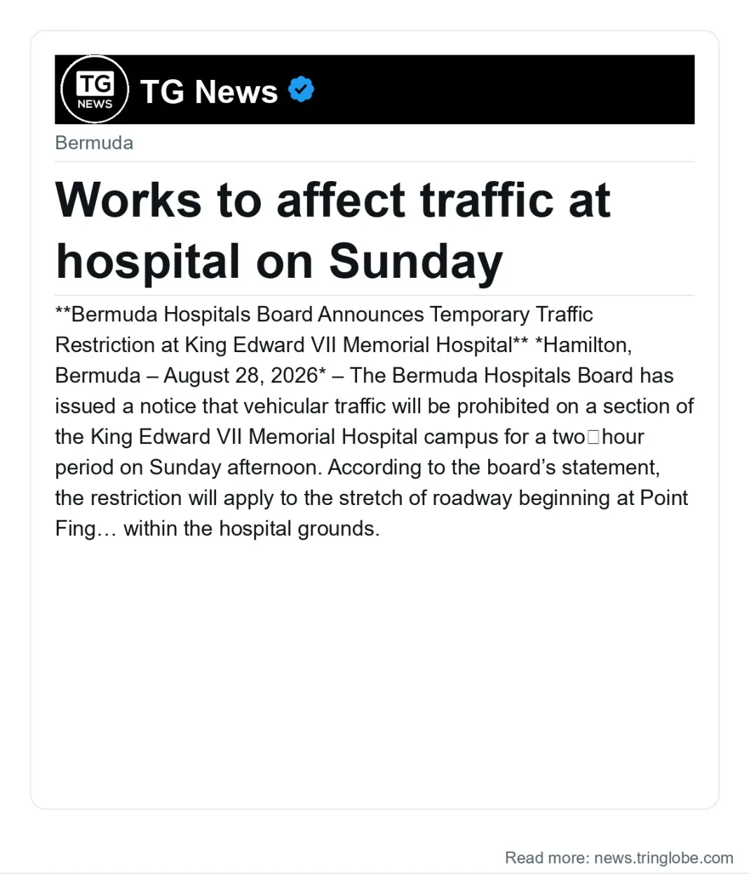 Works to affect traffic at hospital on Sunday