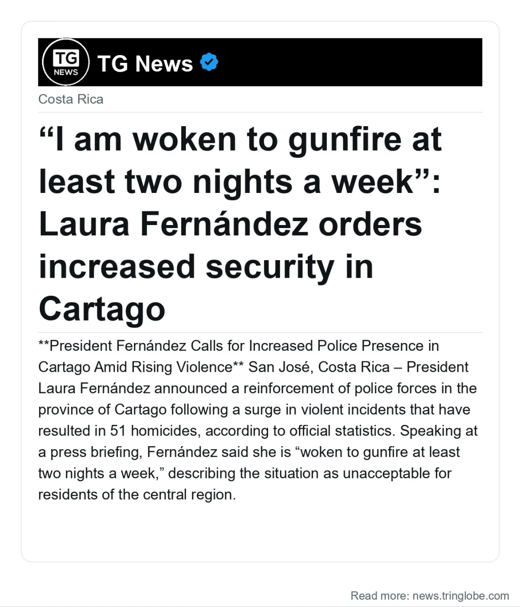 “I am woken to gunfire at least two nights a week”: Laura Fernández orders increased security in Cartago